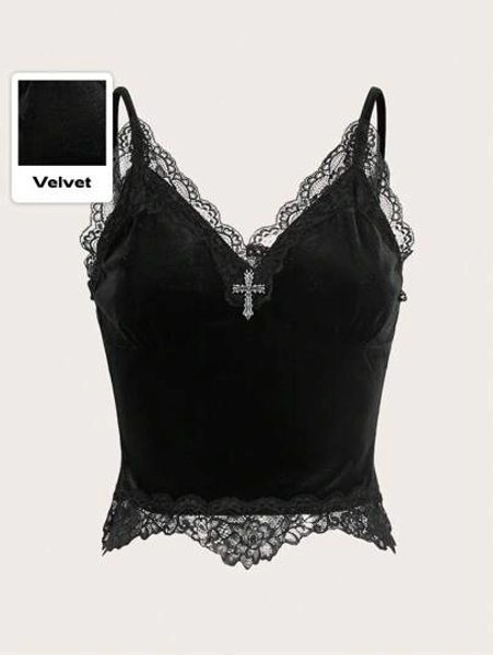 ROMWE Gothic Sexy Velvet Cropped Tank Top With Lace Trim And Metal Cross Detail For Women