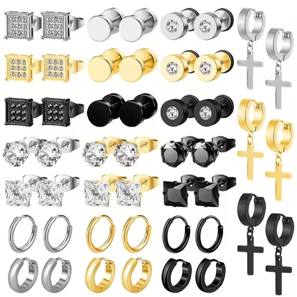 24 pairs stainless steel earrings women men punk style - Temu