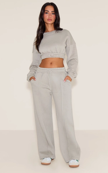 Petite Moss Grey Wide Leg Seam Detailed Sweatpants
