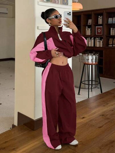 Muchica 2pcs Women Sporty Color Block Zip Front Jacket And Wide Leg Pants Loose Fit Set
