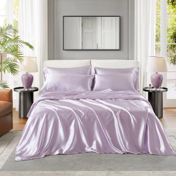 6 Pcs Solid Wrinkle-Free Satin Sheet Set, Silky Soft Touch Frezz-Reduce Luxury Sheets, OEKO-TEX Certified Premium Bedding Set, Lilac, Twin