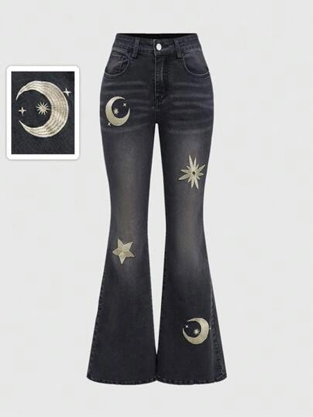 ROMWE Hippie Women's Pocket Embroidered Star Flared Casual Jeans