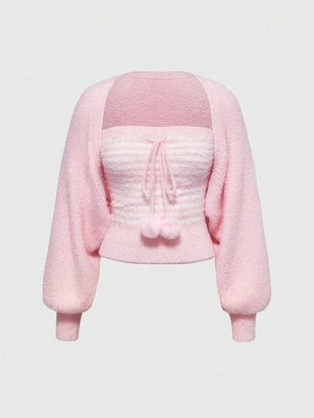 ROMWE Kawaii 2pcs/Set Autumn/Winter Versatile White Aesthetic Sweet Girl Tube Top & Lantern Sleeve Sweater