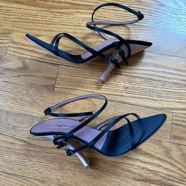 2000s Alaia Black Satin Evening Shoes — these appear...