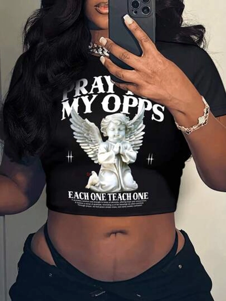 Rovax Angel And Letter Graphic Printed Crop Top For Summer Casual