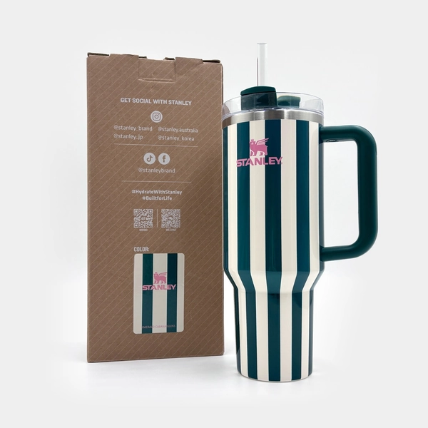 Stanley Quencher H2.0 FlowState Tumbler 40oz Emerald Stripe, Insulated Straw Cup