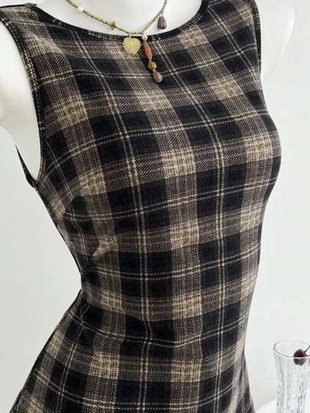 Elamini Retro College Style Brushed Plaid Mini Dress