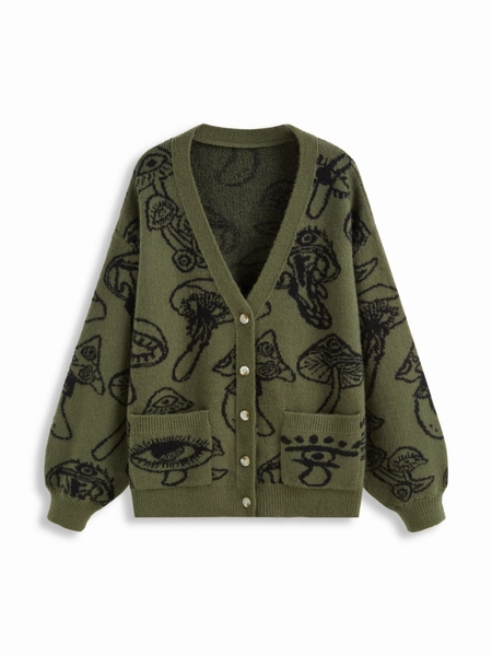 Knit V-neck Mushroom Graphic Cardigan