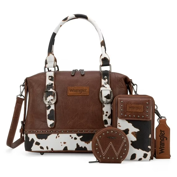 Wrangler 3Pcs Doctor Bag Sets for Women Top-Handle Satchel Bag with Cell Phone Handbags & Coin Purse, Cow Print-Brown