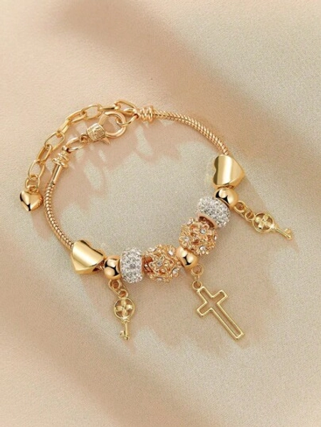 1pc Fashionable Heart, Cross, Floral Beaded Bracelet For Women With Cross Pendant Charm