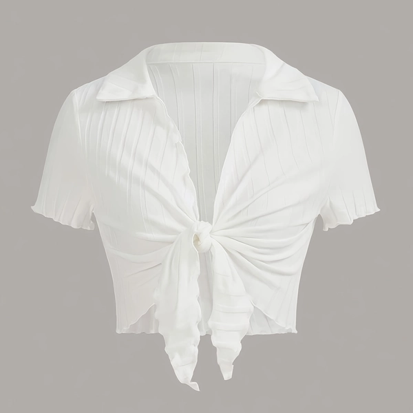 Solid Color Ribbed Lapel Short Sleeve Top, V-Neck with Knotted Hem and Waist Cinching, Cropped Hot Cardigan