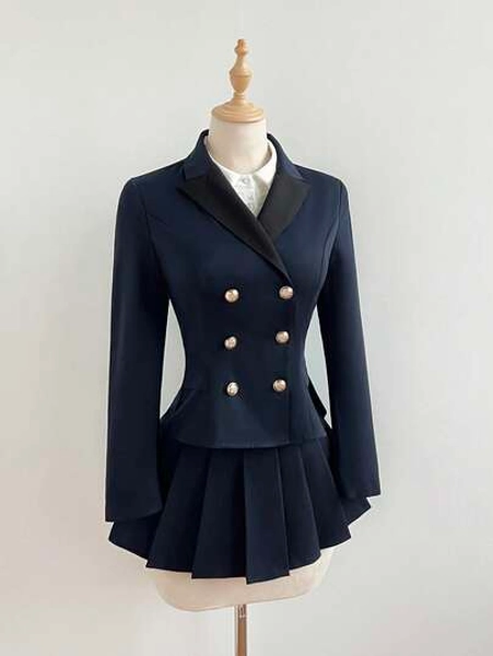 Elamini 2pcs/Set Vintage College Style Women Contrast Color Lapel NeckDouble-Breasted Long Sleeve Jacket And Pleated Mini Skirt