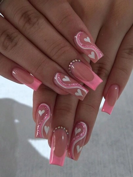 24Pcs Square Pink French Tip Press On Nails Medium Heart Pattern, Stripes With Rhinestones Acrylic Fake Nail Set,Contain 1Pc Jelly Glue And 1Pc Nail File,French Tip Nail For Women And Girls, Daily Life And Party Use Nail Supplies Nails