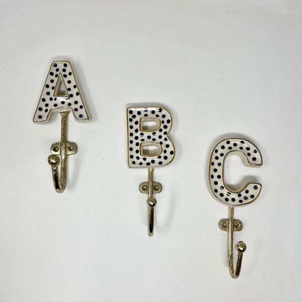 Alphabet** Ceramic Hooks | Black Spots | | Personalised | Gold Hook | Hand Painted | Hand Made | Monogram | Hallway | Kitchen | Wedding