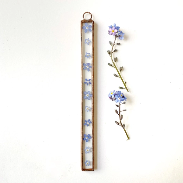 Handmade glass frame with pressed forget me not flowers - Very small and thin - Please check measurements before you purchase