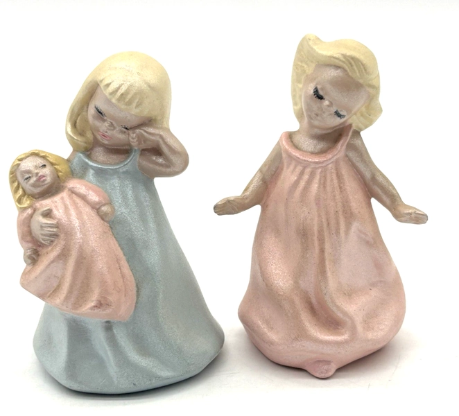 Mid Century Chalkware Girl Figurines Pink Blue Vintage Nursery Decor