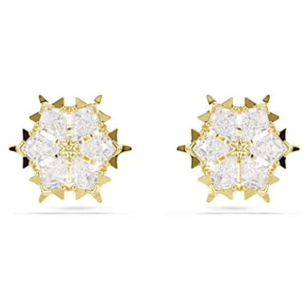 Magic stud earrings, Mixed cuts, Snowflake, White, 18K gold finish