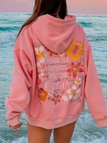 Women Y2k Graphic Hoodies Long Sleeve Oversized Hooded Sweatshirt Floral Embroidered Beach Hoodies Pullover Tops For Teen Girl Preppy Aesthetic Clothes