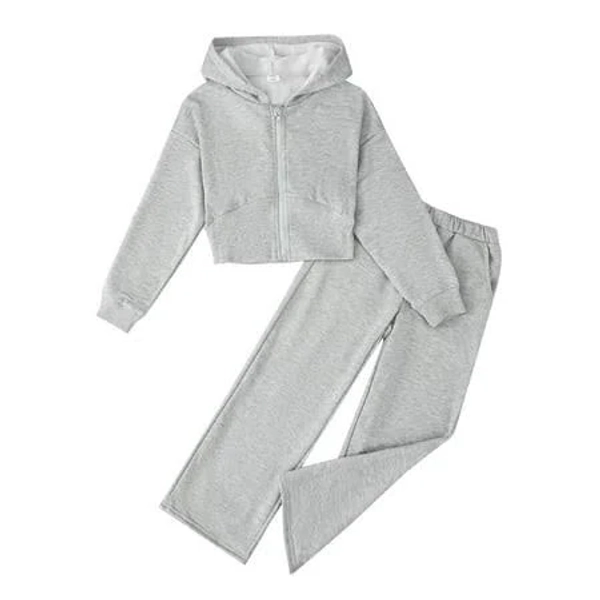 Kucnuzki 9 Years Big Girls Outfit Set 10 Years Kid Girl Clothes Long Sleeves Solid Color Zipper Hoodie Crop Top Wide Leg Pants Sets 2pcs Warm Clothing