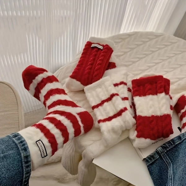 Winter fashion red striped warm socks, Women's Christmas red socks, festive dress up, New Year socks, red socks, Christmas atmosphere dressing