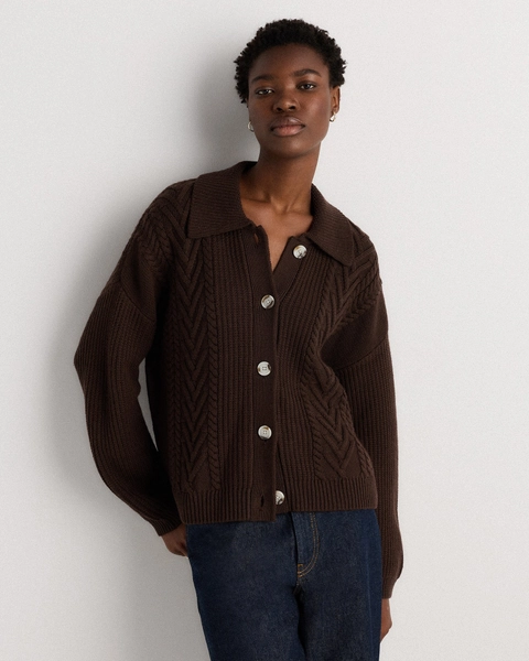 Australian Merino Wool Collared Cable Cardigan in Malted Toffee