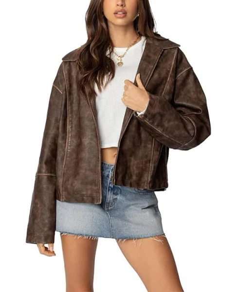 Oversized Washed Faux Leather Jacket In Brown
