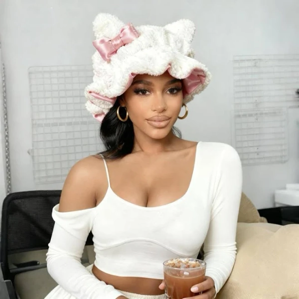 Luxury Kitty Teddy Satin-Lined Bonnet -No Frizz All Comfort Stylish Curl Protection for Daily Hair Care Durable and Protection with SatinLining & Cute
