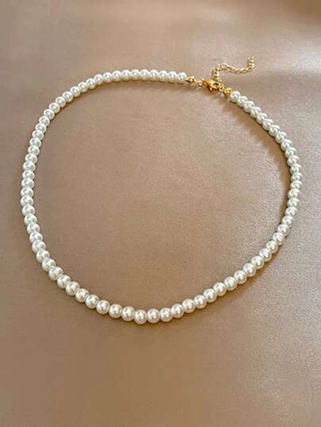 1pc Vintage French Style White & Pink Faux Pearl Necklace, Simple Choker