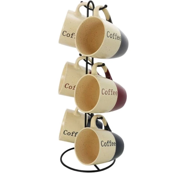Elama Coffee House 6-Piece 12 oz. Mug Set with Stand (Assorted Colors)
