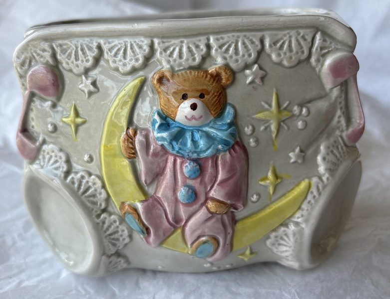 VTG Inarco 4 3/4”w Baby Diaper Planter Pink Teddy Bear Yellow Moon Nursery Japan