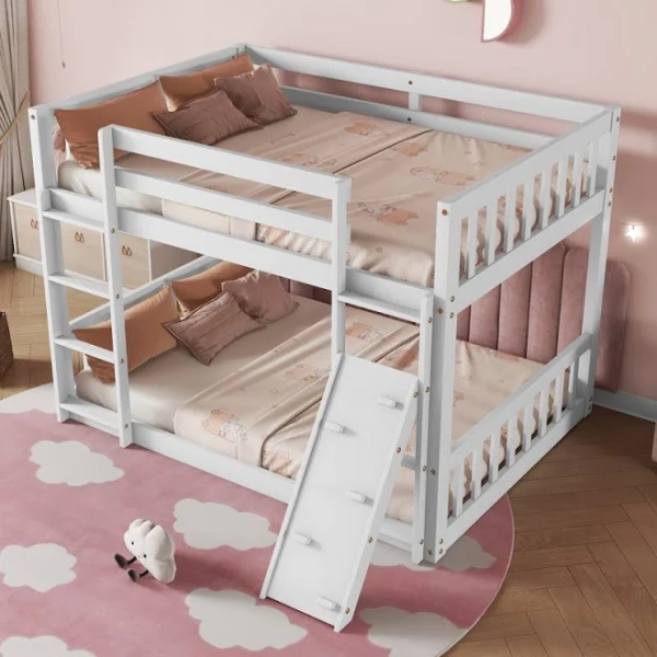 Twin Over Twin Floor Bunk Bed with Playhouse, Climbing Ramp, and Ladder for Fun and Safety Ophelia & Co