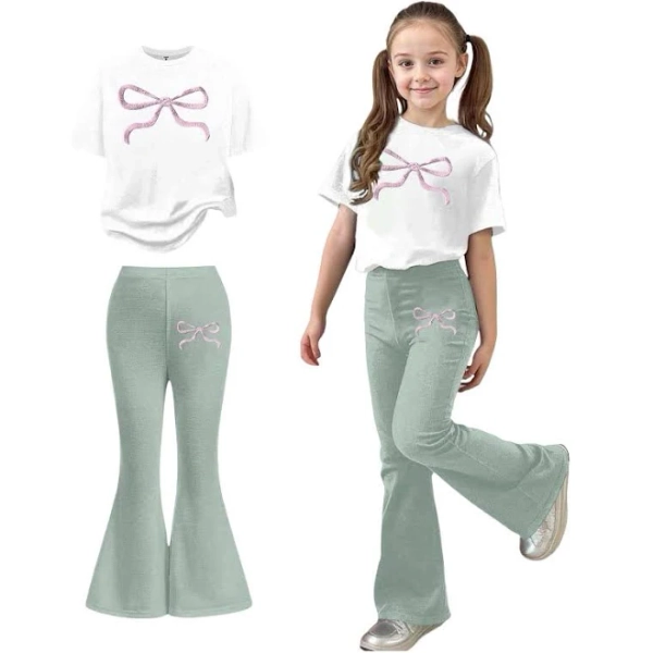 Huangyinggg Girls 2 Piece Outfits Short Sleeve Bow T-Shirt Top and Flared Pants Sets Summer Clothes Clothes for Girls