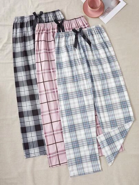 3pcs/Set Plaid & Random Printed Women Pajama Pants, Fall Winter Clothes