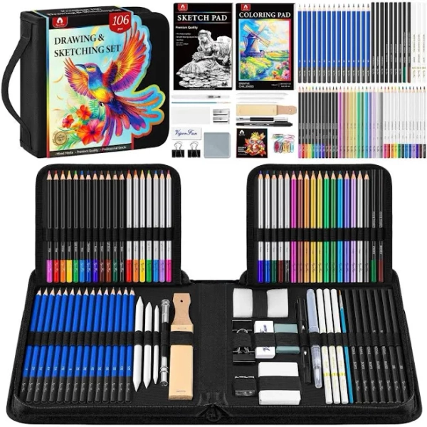 106 PCS Art Supplies Sketching Kit, Pro Drawing Pencils with 3-Color Sketchbook, Coloring Book, Colored Graphite Charcoal Watercolor & Metallic