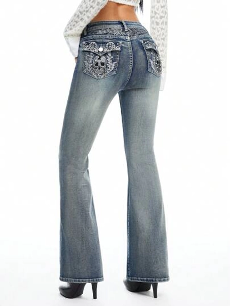 ROMWE Fairycore Women Y2K Retro Skeleton Wing Embroidery Rhinestone Decor Flare Leg Low Waist Jeans