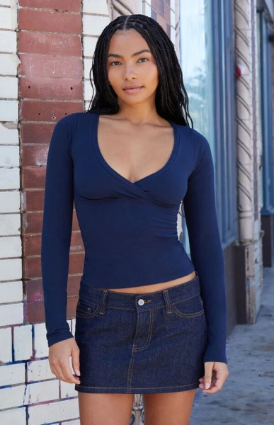 Navy Amara Surplice Long Sleeve Top