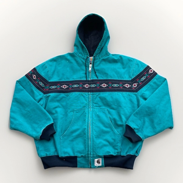 Vintage Carhartt Aztec Santa Fe Style Hooded Jacket Teal Aqua L/XL J79 CLEAN 90s