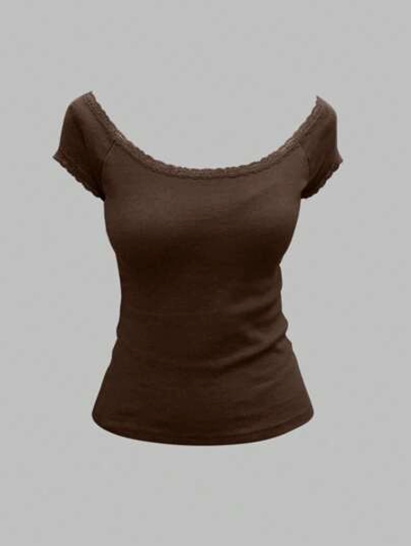INAWLY Women's Solid Color Brown Contrast Lace Short Sleeve Casual T-Shirt Top