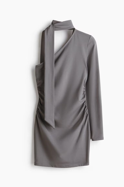 Draped One-Shoulder Dress - Gray