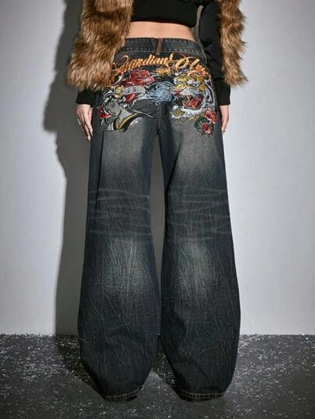 ROMWE J-Fashion Autumn/Winter New Chinese Style Tiger Head Geisha Figure English Embroidery Super Low Waist Retro Women Jeans