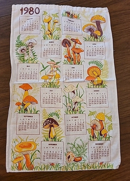 Vintage Mushroom Tea Towel 1980 Calendar Kitchen Boho Retro Cottage Core
