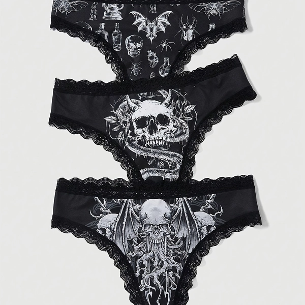 Gothic 3-Pack Skull Design Lace Panty Collection