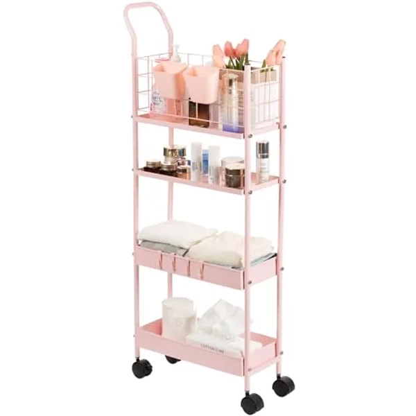 danpinera 4 Tier Slim Cart with Wheels, 7.7’’ Metal Skinny Rolling Storage Cart on Wheels for Kitchen, Bedroom, Office, Laundry Room, Small Narrow Spaces with Hooks and Cups, Pink