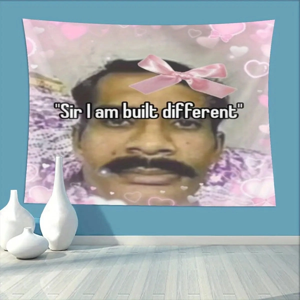 Humorous Wall Tapestry Featuring "Bertram Superior Sir I Am Built Different" with a Design of Horizontal Pink Hearts And Bow Accents, Showcasing The Bertram Character. Available in Various Sizes (No Electricity Required) for Decorating College Dorms