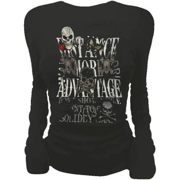 Gothic Rock Punk Skull Print Slim Long-Sleeve Y2K T-Shirt