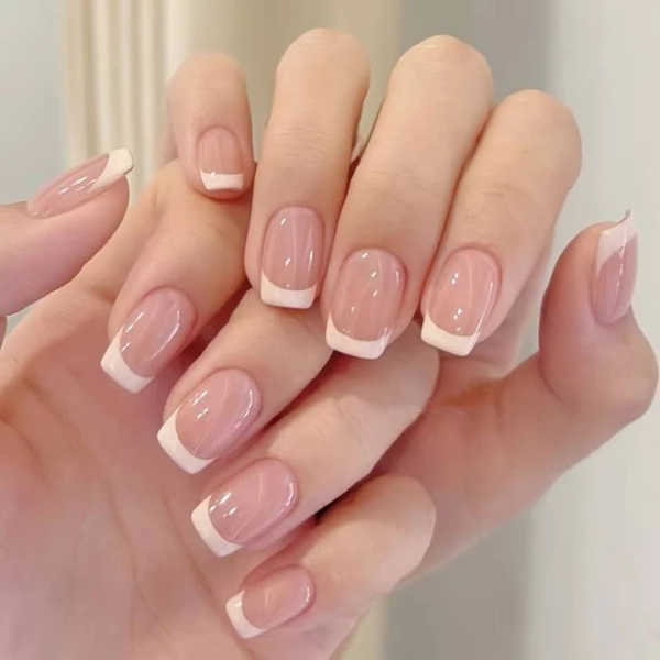 French Tip Press-On Nails, Nude Square Short Nail Forms, Glossy Pure Color Easy to Apply Artificial Nail Set