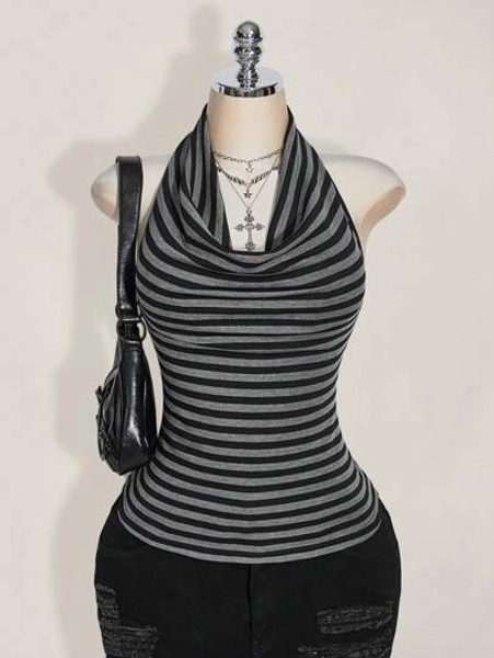 SHEIN ICON Plus Size Draped Neck Striped Knit Backless Blouse, Vintage Y2K Striped Draped Neck Top, Suitable For Back To School, Graduation Season, Summer Vacation, Dates, Daily Wear