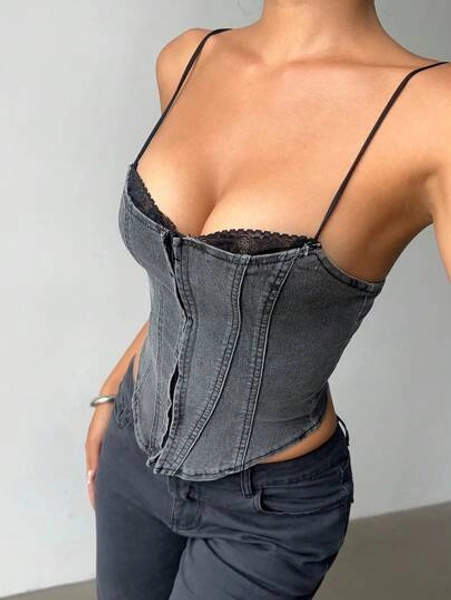 Aloruh Women's Y2K Sexy Lace Trim Fitted Camisole Denim Top Corset To Corset Rave Top Rave Festival,Graduation,Teacher For Women,Back To School, Night Out