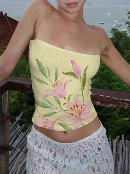 INAWLY Women's Summer Floral Print Cropped Tube Top