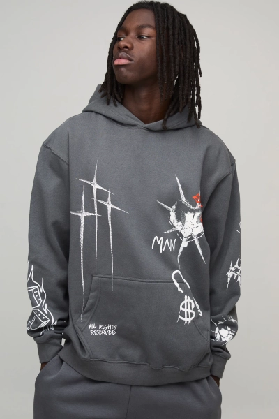 Charcoal Oversized Graffiti Tattoo Printed Hoodie